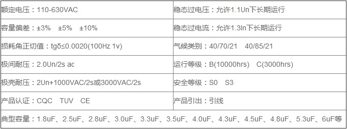 空調(diào)風(fēng)機電容器技術(shù)參數(shù)表